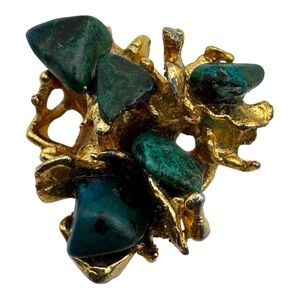 Vintage Gold-Tone Abstract Brooch‎ with Green Stone Chips – 1.25” Textured
